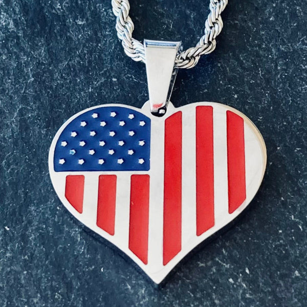 Sanity Jewelry 2mm 16” Rope Necklace American Flag Heart Red, White & Blue Pendant - Rope Necklace - SLC775 CLEARANCE