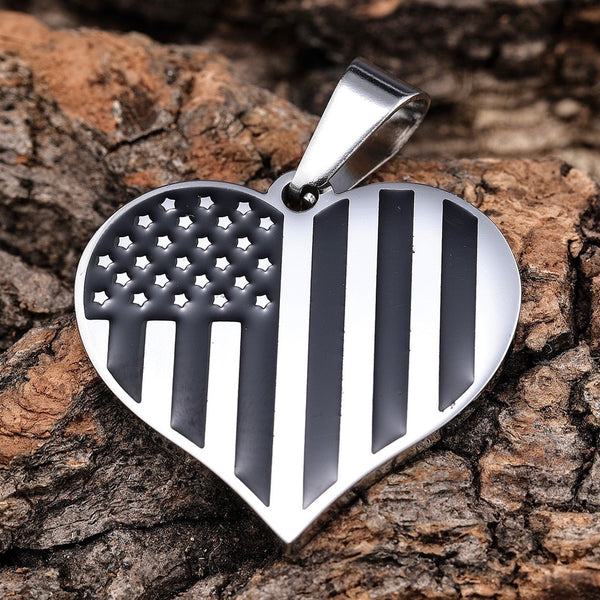 Sanity Jewelry American Flag Heart Black & Silver Pendant - Rope Necklace - SLC777 CLEARANCE