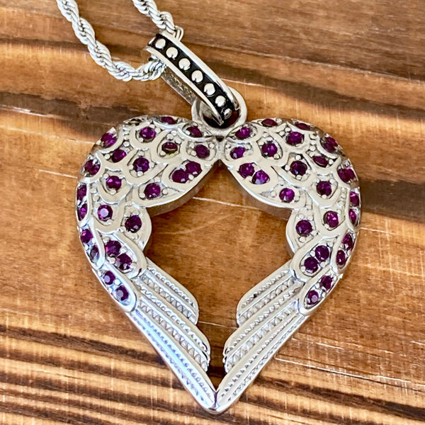 Sanity Jewelry Ladies Necklace 2mm 16” Rope Necklace Angel Heart Wings Pendant - Purple Stone Bling Wings - Custom - Rope Necklace or Omega - LAP032