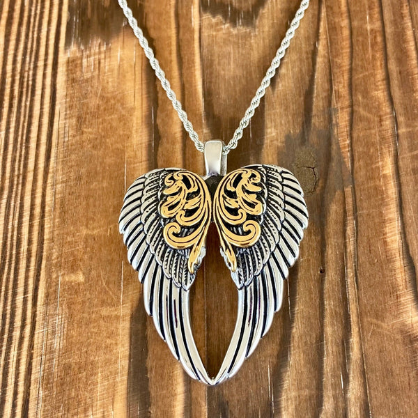 Sanity Jewelry Ladies Necklace 2mm 16” Rope Necklace Angel Heart Wings Pendant - Silver/Gold Wings - Custom - Rope Necklace or Omega - LAP025