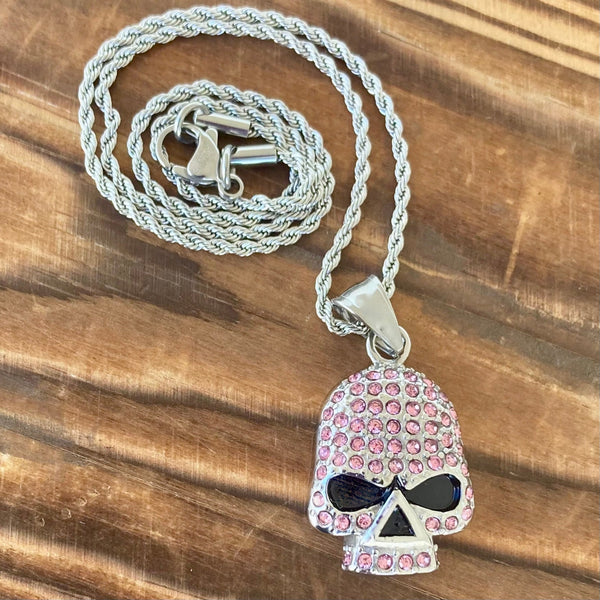 Sanity Jewelry Ladies Necklace 2mm 16" Rope Necklace Bling Skull Pendant - Pink Stone - Rope Chain or Omega - 2596C