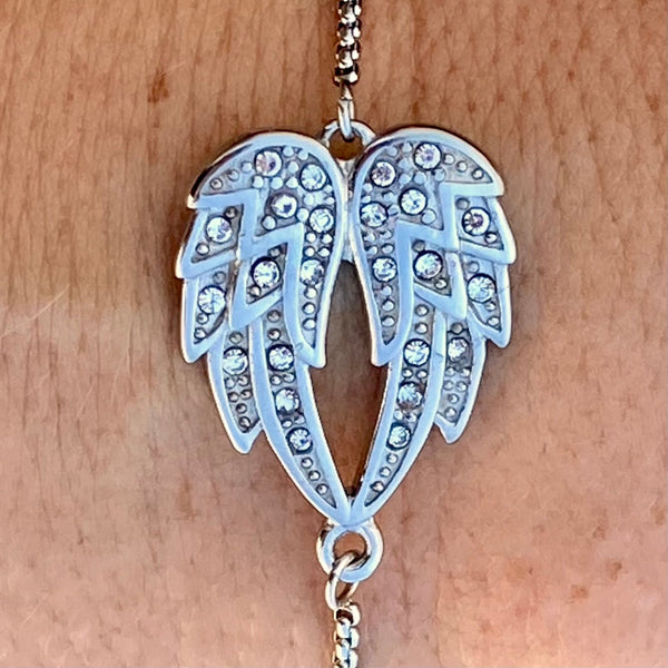Sanity Jewelry Ladies Necklace Angel Heart Wing – Double Angel Wing - Silver w/White Stone - Bracelet - SK2608B