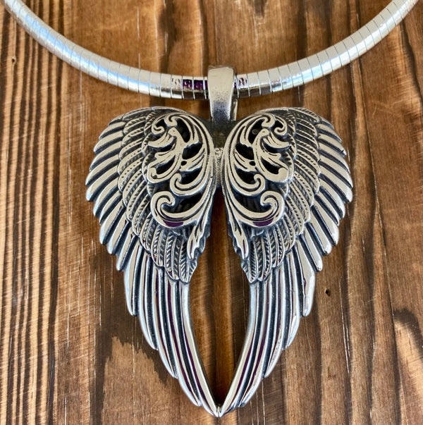 Sanity Jewelry Ladies Necklace Angel Heart Wings Pendant - Silver Wings - Classic - Rope Necklace or Omega - LAP026