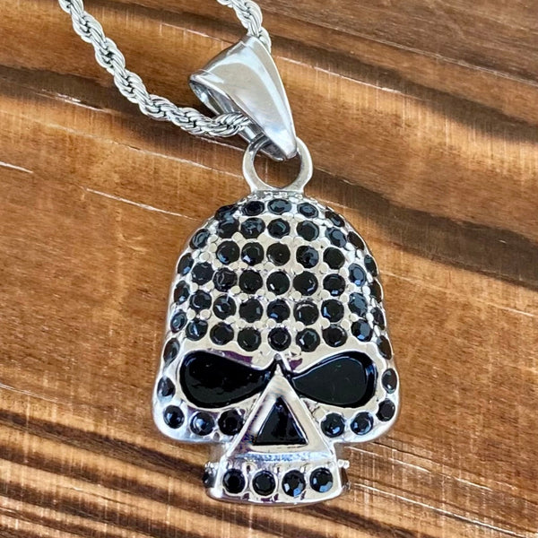 Sanity Jewelry Ladies Necklace Bling Skull Pendant - Black Stone - Rope Chain or Omega - SK2594