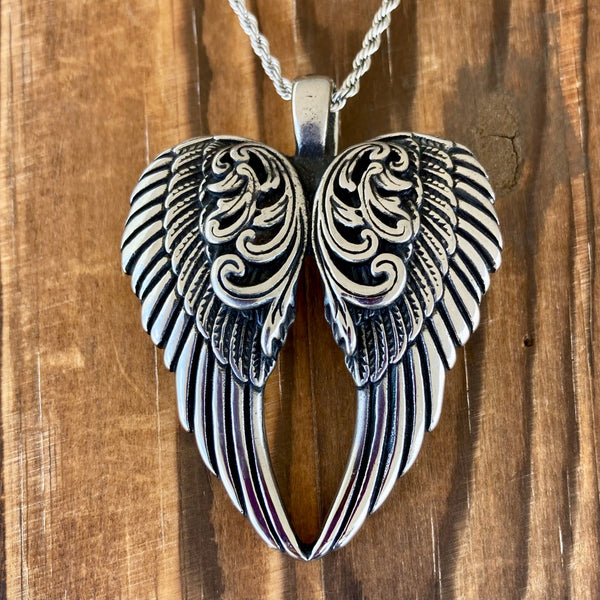 Sanity Jewelry Necklace 2mm 16” Rope Necklace Angel Heart Wings Pendant - Silver Wings - Custom - Rope Necklace or Omega - LAP028
