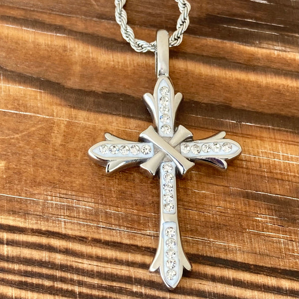 Sanity Jewelry Pendant Bling Cross - White Stone - Pendant - Rope Necklace - SK2604