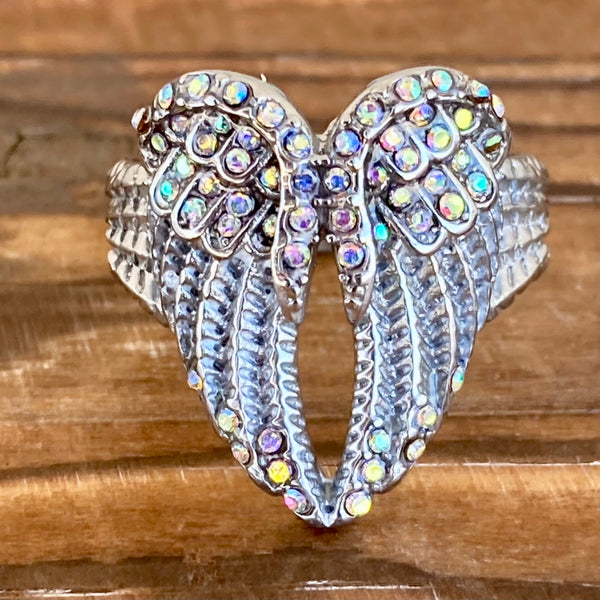 Sanity Jewelry Skull Ring 4 Angel Heart Wing Ring - Rainbow Stone - Sizes 4-12 - R249