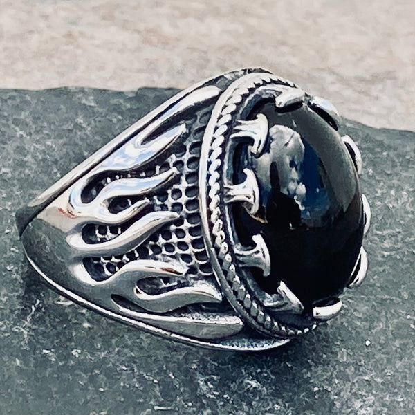 Sanity Jewelry Skull Ring 9 "Black Stone" - Fire - Sizes 9-17 - R198