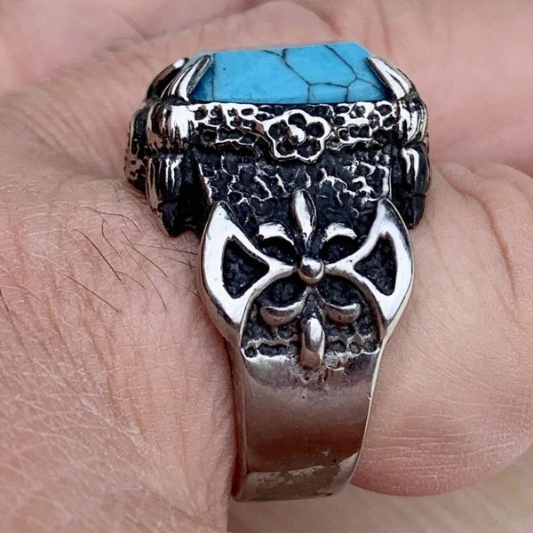 Sanity Jewelry Skull Ring "Blue Stone" - Double Axe - Sizes 9-17 - R76