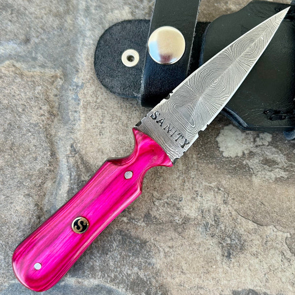 Sanity Steel Damascus Steel 6” Bonnie & Clyde - Pink Wood - Damascus - Horizontal & Vertical Carry - BC03