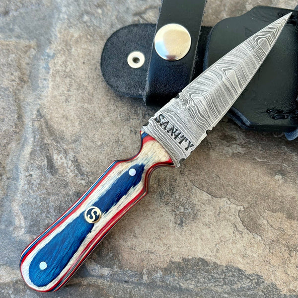 Sanity Steel Damascus Steel 6” Bonnie & Clyde - Red, White & Blue Wood - Damascus - Horizontal & Vertical Carry - BC04