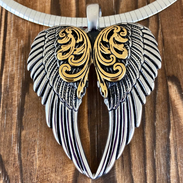 Sanity Steel Ladies Necklace 2mm 16” Rope Necklace Angel Heart Wings Pendant - Gold/Silver Wings - Classic - Rope Necklace or Omega - LAP024