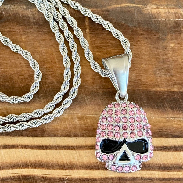 Sanity Steel Ladies Necklace 2mm 16" Rope Necklace Bling Skull - Mini Pendant - Pink Stone - Rope Chain or Omega - 2596M