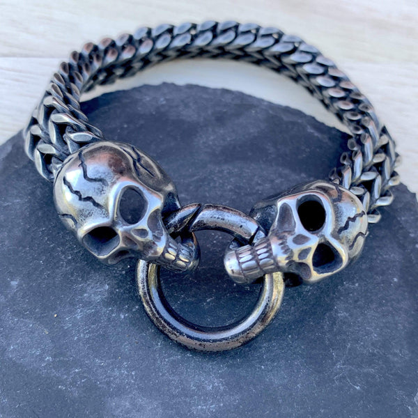 Sanity Jewelry Bracelet "Viking with 2 Skull Heads" - Galvanized Stainless - 1/2 inch wide - B10