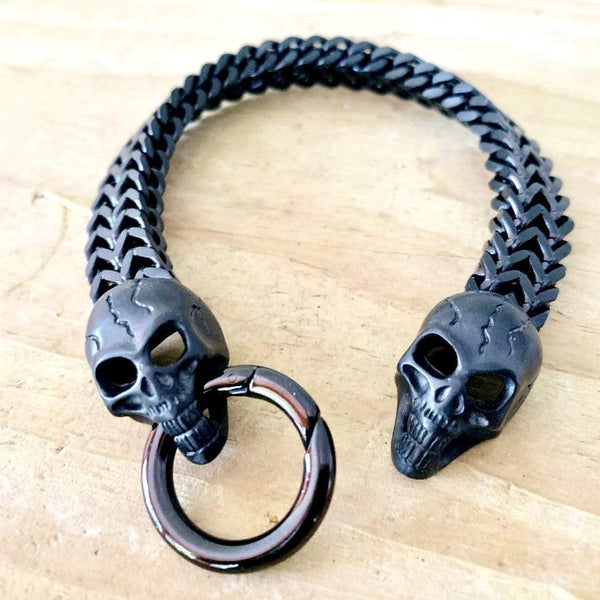 Sanity Jewelry Bracelet "Viking with 2 Skull Heads" - Matte Black - 1/2 inch wide - B11