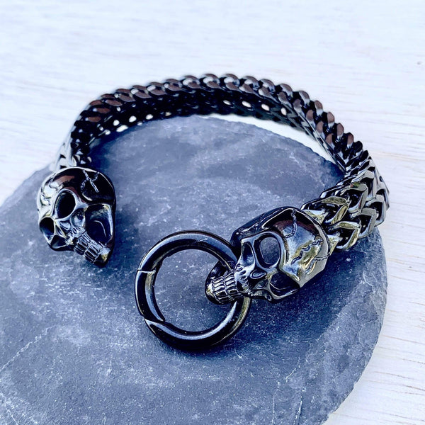 Sanity Jewelry Bracelet "Viking with 2 Skull Heads" - Shiny Black - 1/2 inch wide - B77