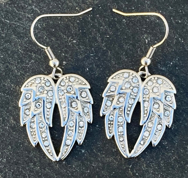 Sanity Jewelry Earrings Angel Heart Wing - Double Wing - Silver w/White Stone Earrings - SK2608E