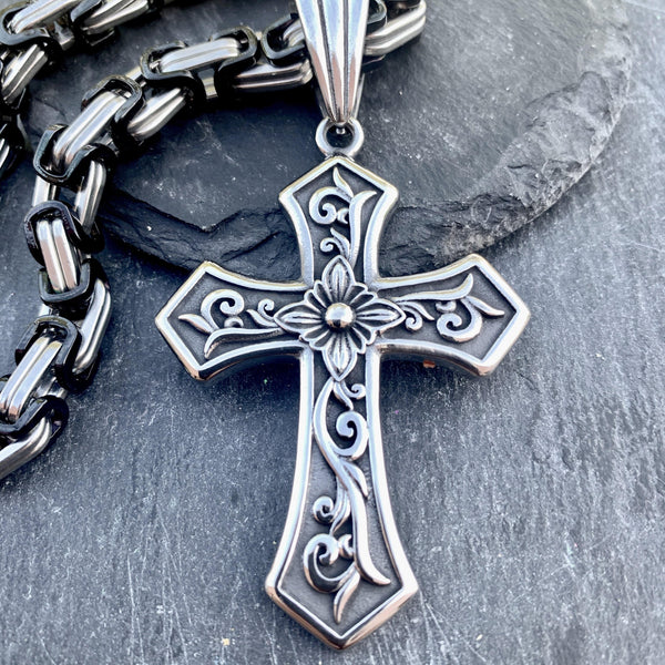 Sanity Jewelry Necklace Black & Silver Stainless 22 inches "Sanity's Combo" - Cross - Scrollwork Cross (692) with Daytona Beach Chain  1/4 inch wide