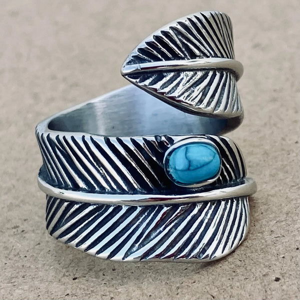 SANITY JEWELRY® Skull Ring 5 Feather & Blue Stone Ring - Sizes 5-12 - R141