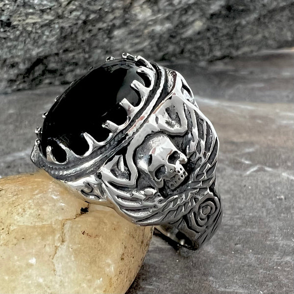 Sanity Jewelry Skull Ring 8 "Black Stone" - Skull & Angel Wings - Sizes 8-16 - R136