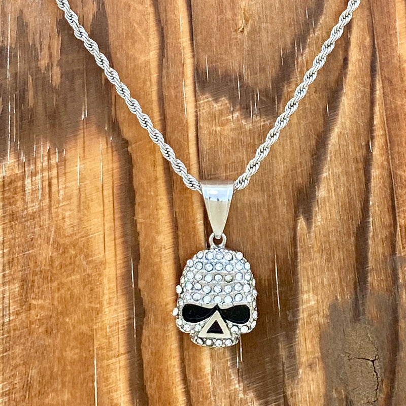 Sanity Jewelry Ladies Necklace 2mm 16" Rope Necklace Bling Skull - Mini Pendant - White Stone - Rope Chain or Omega - SK2595M