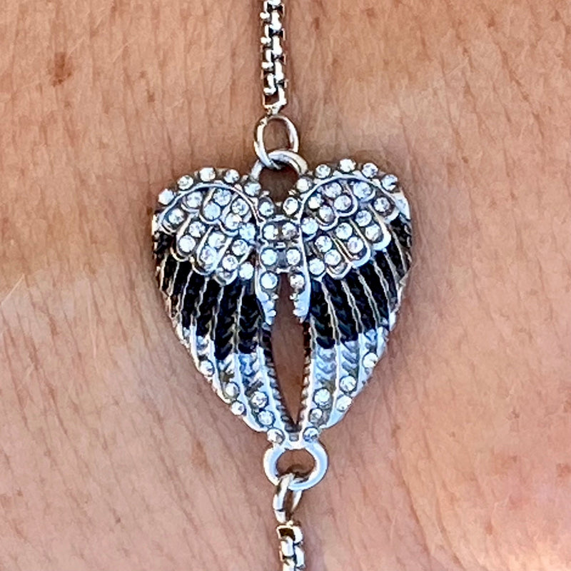 Sanity Jewelry Ladies Necklace Angel Heart Wing - Bracelet - Black w/White Stones - SK2537B