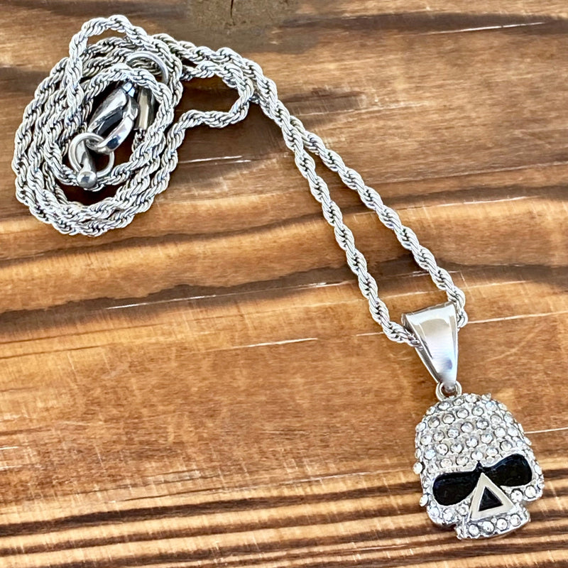 Sanity Jewelry Ladies Necklace Bling Skull - Mini Pendant - White Stone - Rope Chain or Omega - SK2595M