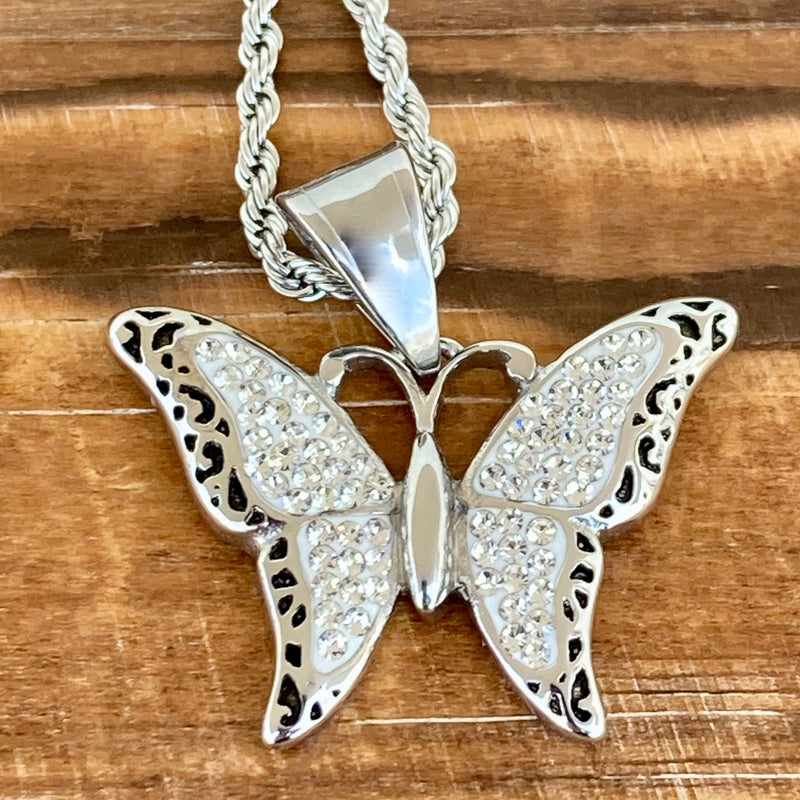 Sanity Jewelry Ladies Necklace Crystal Butterfly Mini Pendant - Rope Necklace or Omega - SK2581M