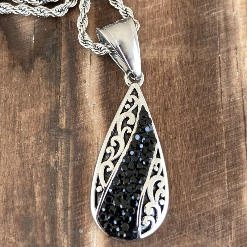 Sanity Jewelry Ladies Necklace Pendant Only Crystal Teardrop - Black - Mini Pendant - Rope Necklace - AJ04M