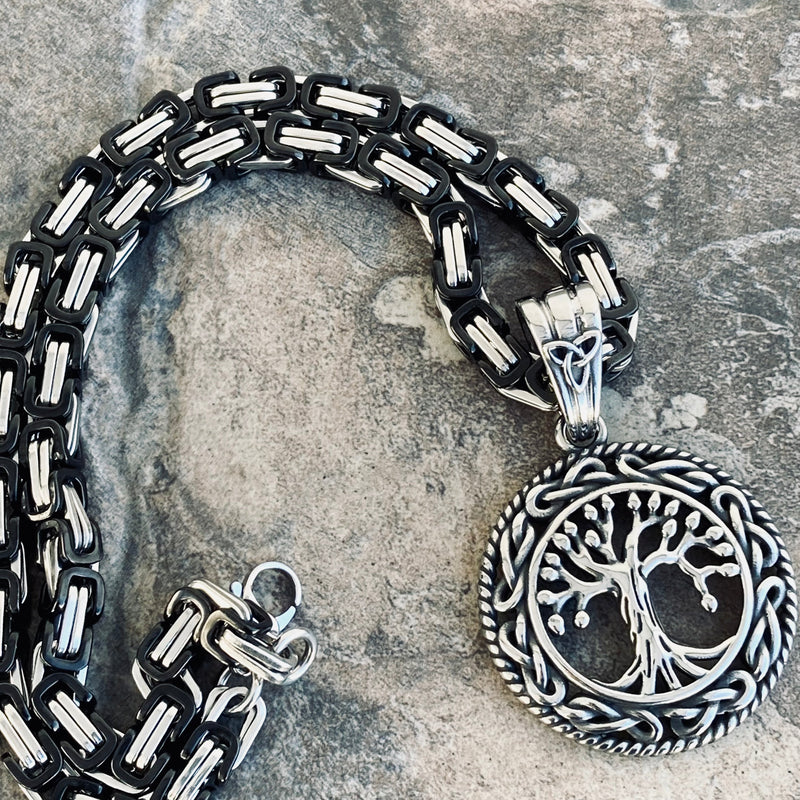 Sanity Jewelry Necklace 22” Black & Silver Viking - Tree of Life Round - Yggdrasil Pendant - Necklace (815)