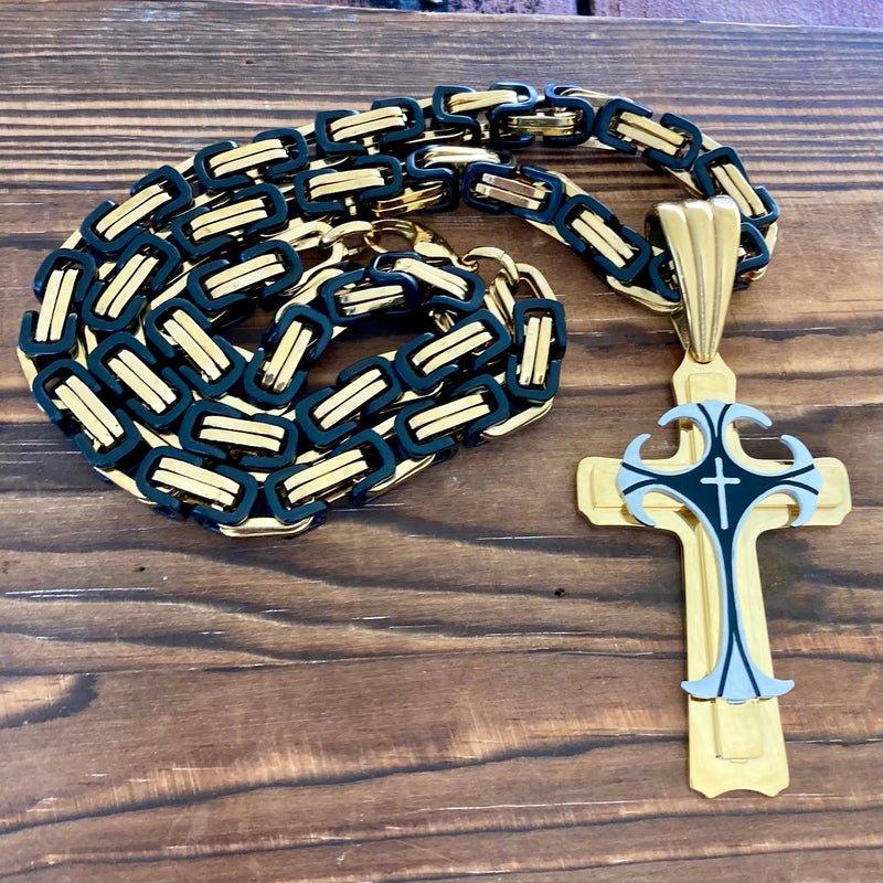 Sanity Jewelry Necklace 22” Gold & Black "Sanity's Combo" - Cross - Risen Cross Gold & Silver Cross Pendant - Necklace (822)