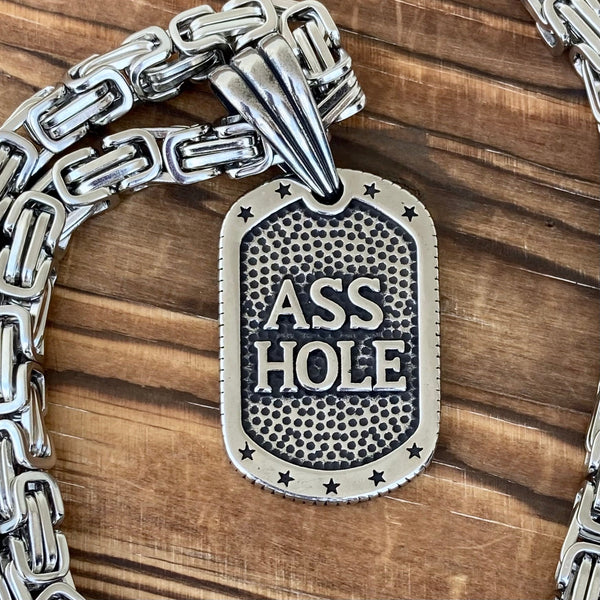 Sanity Jewelry Necklace 22” Silver Dog Tag - Asshole Pendant - Necklace (479)