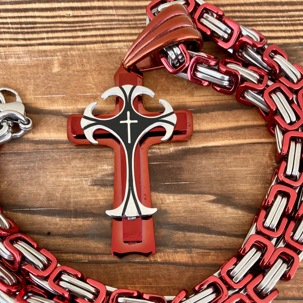 Sanity Jewelry Necklace 22” Silver Sanity's Combo" - Cross - Risen Cross Red & Silver Cross Pendant - Necklace (826)