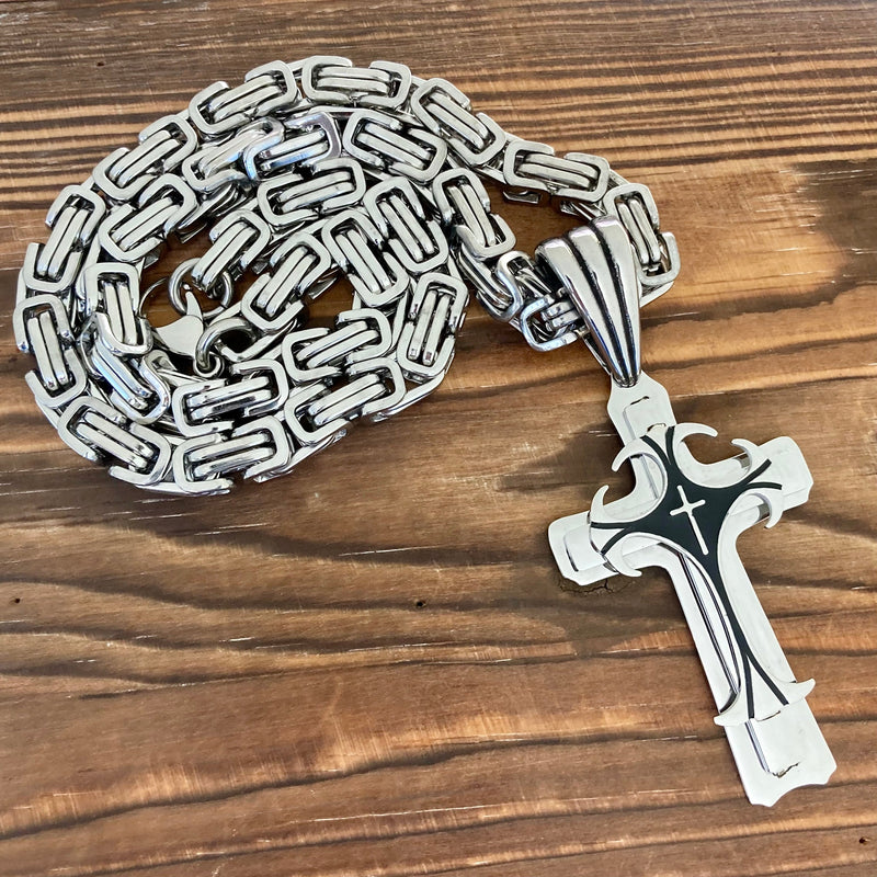 Sanity Jewelry Necklace 22” Silver "Sanity's Combo" - Cross - Risen Cross Silver & Black Cross Pendant - Necklace (823)