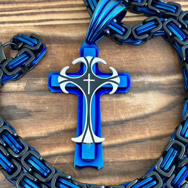 Sanity Jewelry Necklace Sanity's Combo" - Cross - Risen Cross Blue & Silver Cross Pendant - Necklace (824)