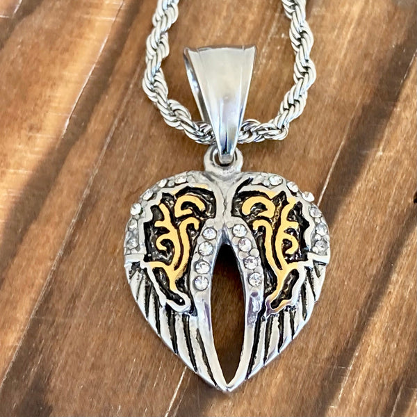 Sanity Jewelry Pendant 16 inch Rope Necklace Mini Angel Wing Heart - Pendant & Chain - Silver & Gold Bling - LAP034C