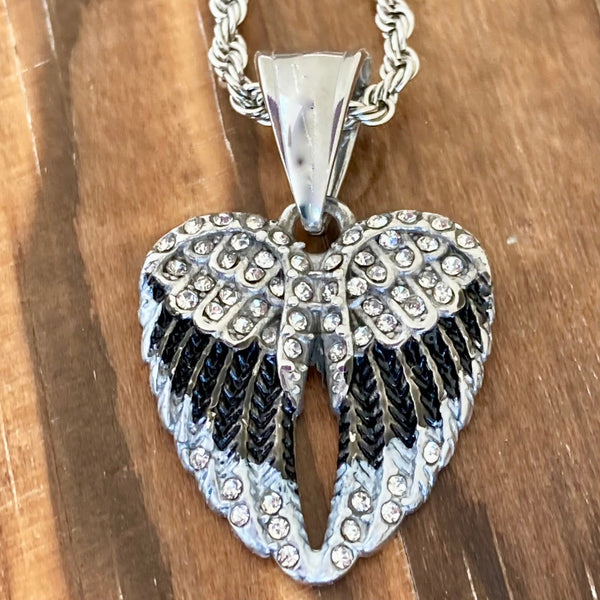 Sanity Jewelry Pendant 16" Rope Necklace Mini Angel Wing Heart - Pendant - Chain - Black w/White Stone - SK2537C