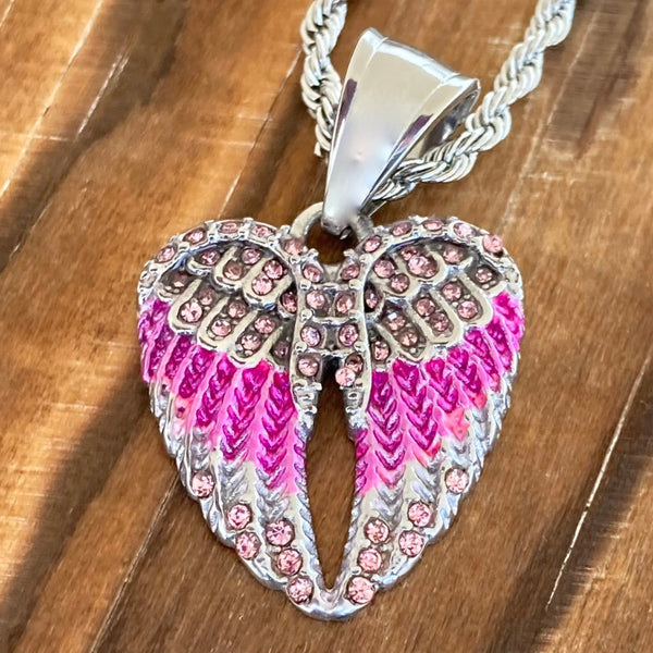 Sanity Jewelry Pendant 16" Rope Necklace Mini Angel Wing Heart - Pendant - Rope Necklace - Pink - SK2538C