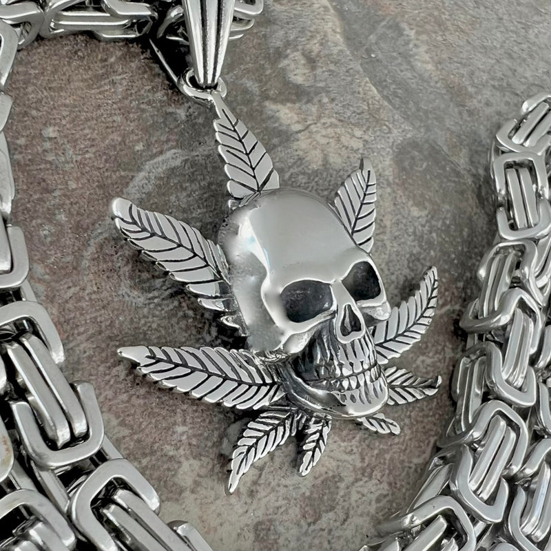Sanity Jewelry Pendant 22” Silver Skull & Pot Leaf Pendant - Necklace (719)