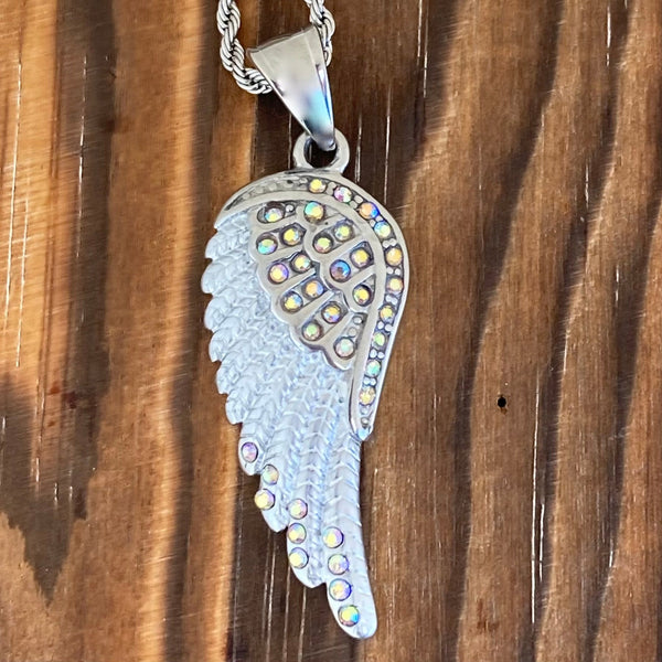 Sanity Jewelry Pendant 2mm 16” Rope Necklace Crystal Angel Wings - Pendant - Rope Necklace or Omega - Rainbow Stones - SK2254
