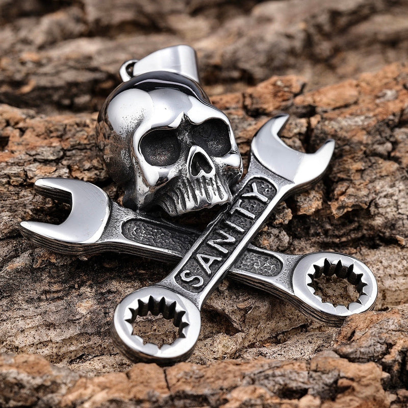 Sanity Jewelry Pendant "Sanity's Combo" - Skull & Cross Wrenches - Silver Pendant - Necklace (741)