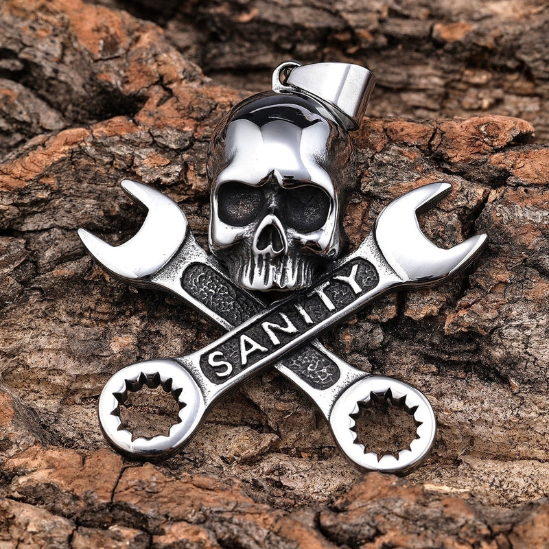 Sanity Jewelry Pendant "Sanity's Combo" - Skull & Cross Wrenches - Silver Pendant - Necklace (741)