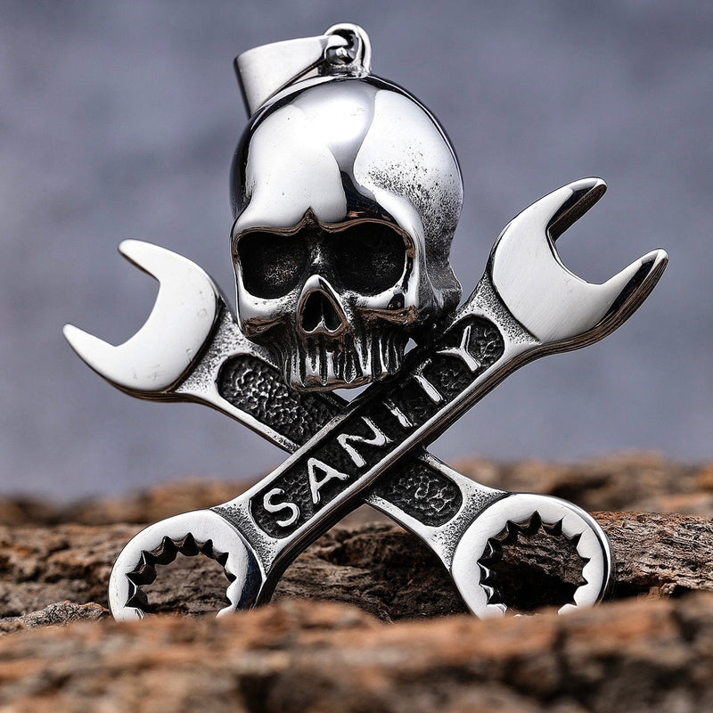 Sanity Jewelry Pendant "Sanity's Combo" - Skull & Cross Wrenches - Silver Pendant - Necklace (741)