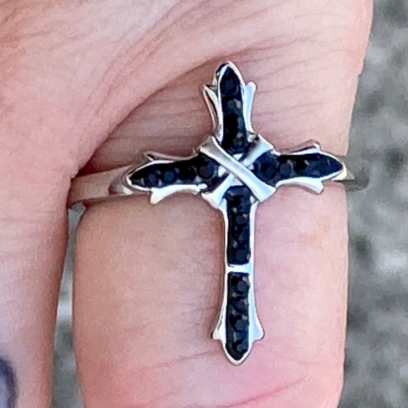 Sanity Jewelry Ring Bling Cross - Black Stone - Ring - Sizes 4-12 - R195
