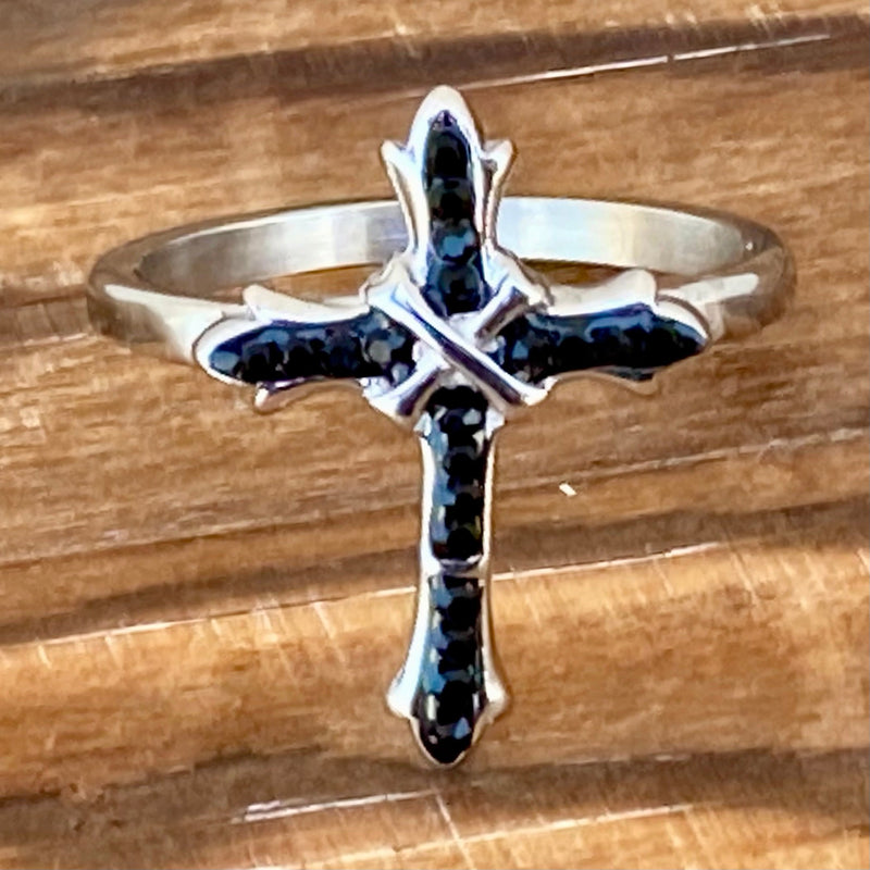 Sanity Jewelry Ring Bling Cross - Black Stone - Ring - Sizes 4-12 - R195