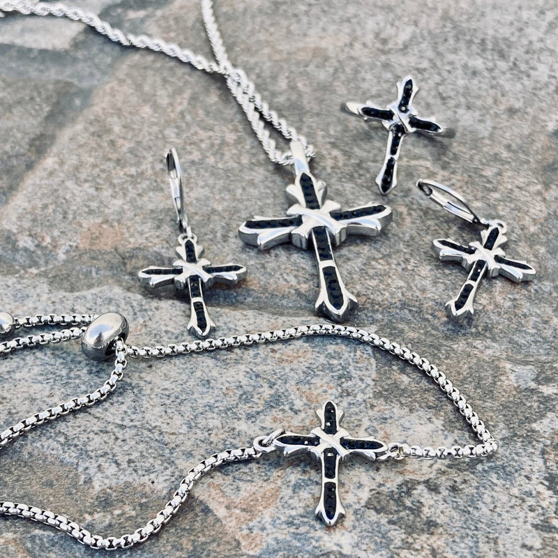 Sanity Jewelry Ring Bling Cross - Black Stone - Ring - Sizes 4-12 - R195
