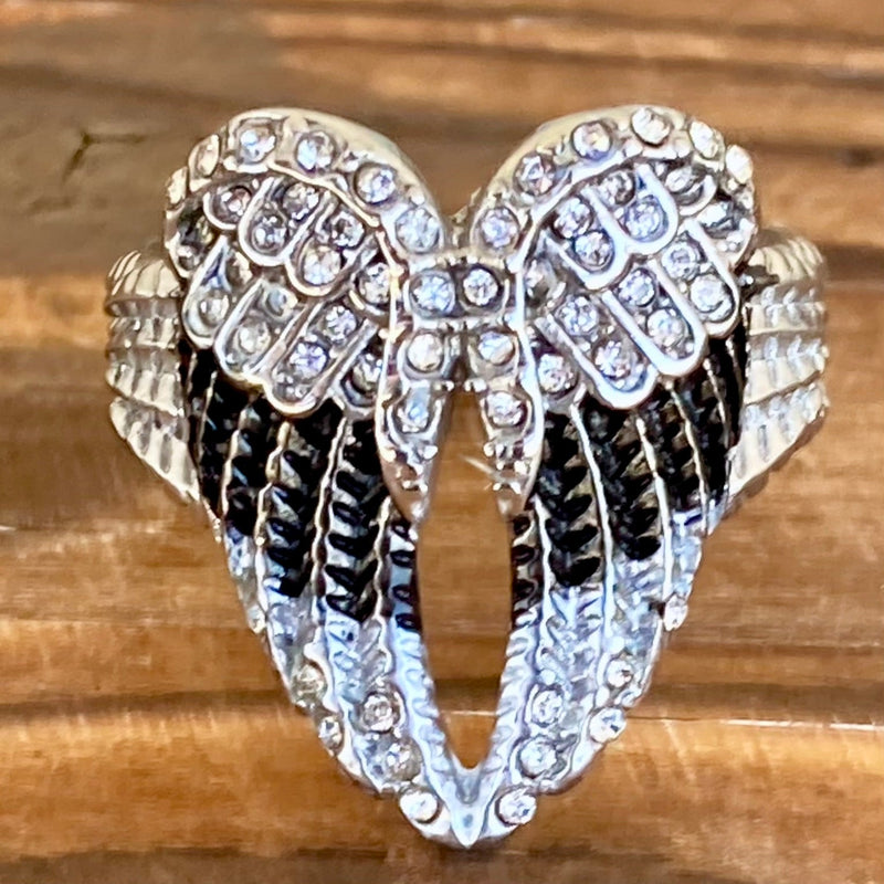 Sanity Jewelry Skull Ring 4 Angel Heart Wing Ring - Black w/White Stones - Sizes 4-12 - R245