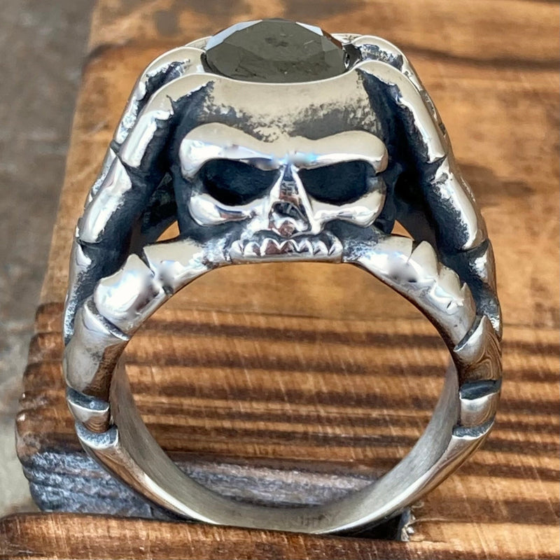 Sanity Jewelry Skull Ring 8 "Black Stone" - Skeleton Hands W/Blackstone- Sizes 8-16 - R212