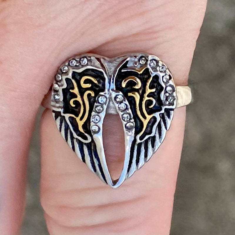 Sanity Jewelry Skull Ring Angel Heart Wing Ring - Silver & Gold - Sizes 4-10 - R127