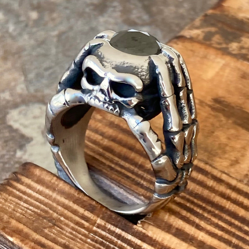 Sanity Jewelry Skull Ring "Black Stone" - Skeleton Hands W/Blackstone- Sizes 8-16 - R212